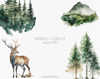 Spring forest Watercolor Clipart PNG - landscape deer animals mountain tree nature forest wedding invitation clipart #b12