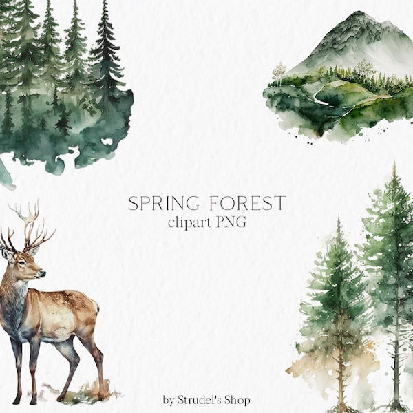 Spring forest Watercolor Clipart PNG - landscape deer animals mountain tree nature forest wedding invitation clipart #b12