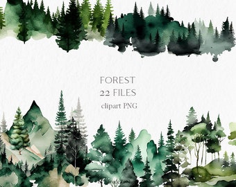 May include: Watercolor clipart set of 22 forest images, featuring green trees, mountains, and foliage. The images are perfect for creating invitations, cards, and other paper crafts.