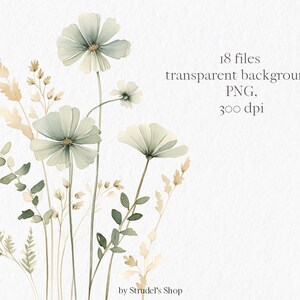 K&ouml;nnte beinhalten: Eine Aquarell-Illustration eines Strau&szlig;es zarter, hellgr&uuml;ner Blumen und beigefarbener Gr&auml;ser. Die Blumen haben einen weichen Aquarelleffekt und sind in einem lockeren, nat&uuml;rlichen Stil angeordnet.