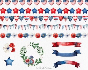 Independence day Watercolor Clipart PNG -  seamless borders banners wreath 4th of july memorial day patriotic usa red blue white #b67