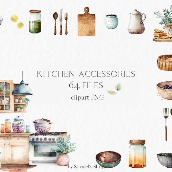 Kitchen accessories Watercolor Clipart PNG - cook items objects home decor illustratios planner sticker clip art #b17