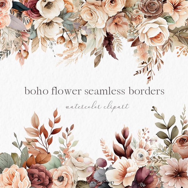 Boho flower seamless borders Watercolor Clipart PNG -  wedding boho floral invitation clipart bohemian clipart rustic boho #c140