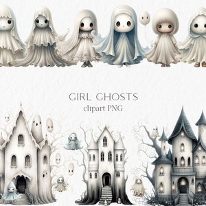 Mignon fantôme effrayant Aquarelle Clipart PNG - décor de maison hantée maisons effrayantes cimetière enfants Halloween automne #b176