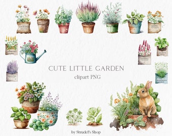 Watercolor Garden Clipart PNG, Gardening Tools, Potted Plants, Flowers, Watering Can, Boots, Cottage Garden Digital Download #b8