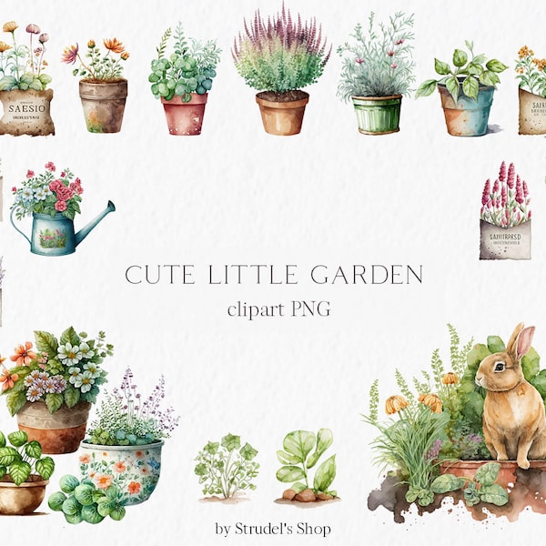 Cute little garden Watercolor Clipart PNG - spring summer scrapbooking element plants garden tools quipment sublimation designs #b8
