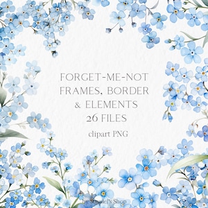 Buquê de flores silvestres azuis aquarela clipart PNG - quadro cartão clipart flor de borda sem costura esqueça de mim, não primavera prado de casamento floral # b222