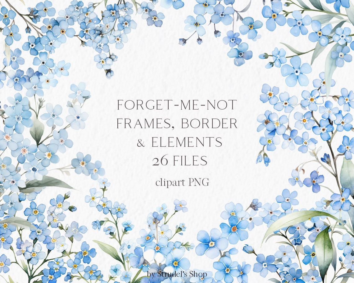 Blue wildflower bouquet watercolor clipart PNG - frame card clipart seamless border flower forget me not spring floral wedding meadow #b222