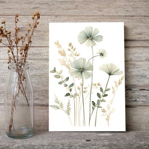 K&ouml;nnte beinhalten: Aquarellmalerei eines Strau&szlig;es gr&uuml;ner und beigefarbener Blumen mit Stielen auf wei&szlig;em Hintergrund.