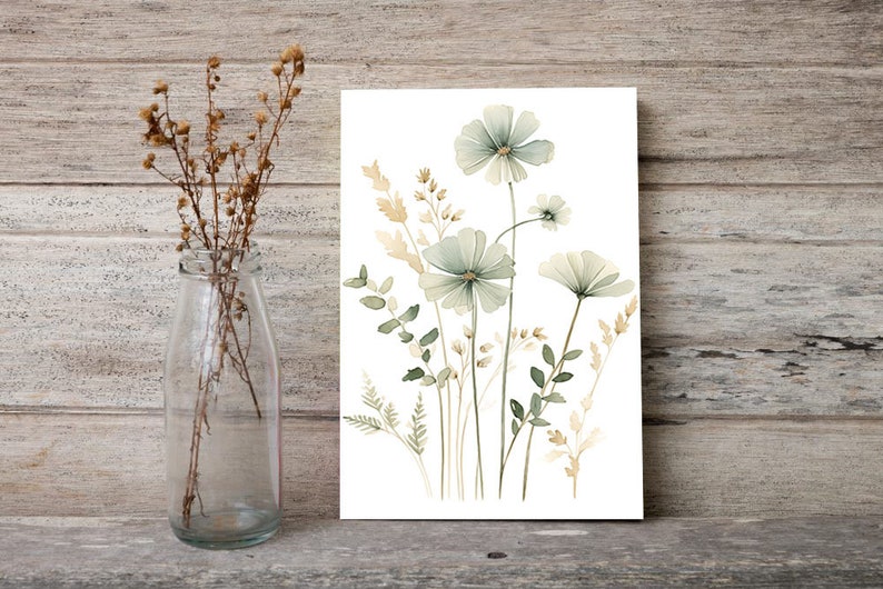 K&ouml;nnte beinhalten: Aquarellmalerei eines Strau&szlig;es gr&uuml;ner und beigefarbener Blumen mit Stielen auf wei&szlig;em Hintergrund.