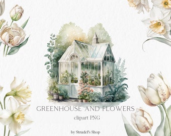 Greenhouse and flowers Watercolor Clipart PNG - tulip daffodil sublimation design botanical spring floral arrangement #b6