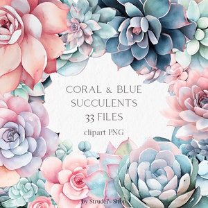 Koralle & blaue Sukkulenten Aquarell Clipart PNG - Pflanze Hochzeit Sommer Kakteen botanisch tropisch niedlich #b93