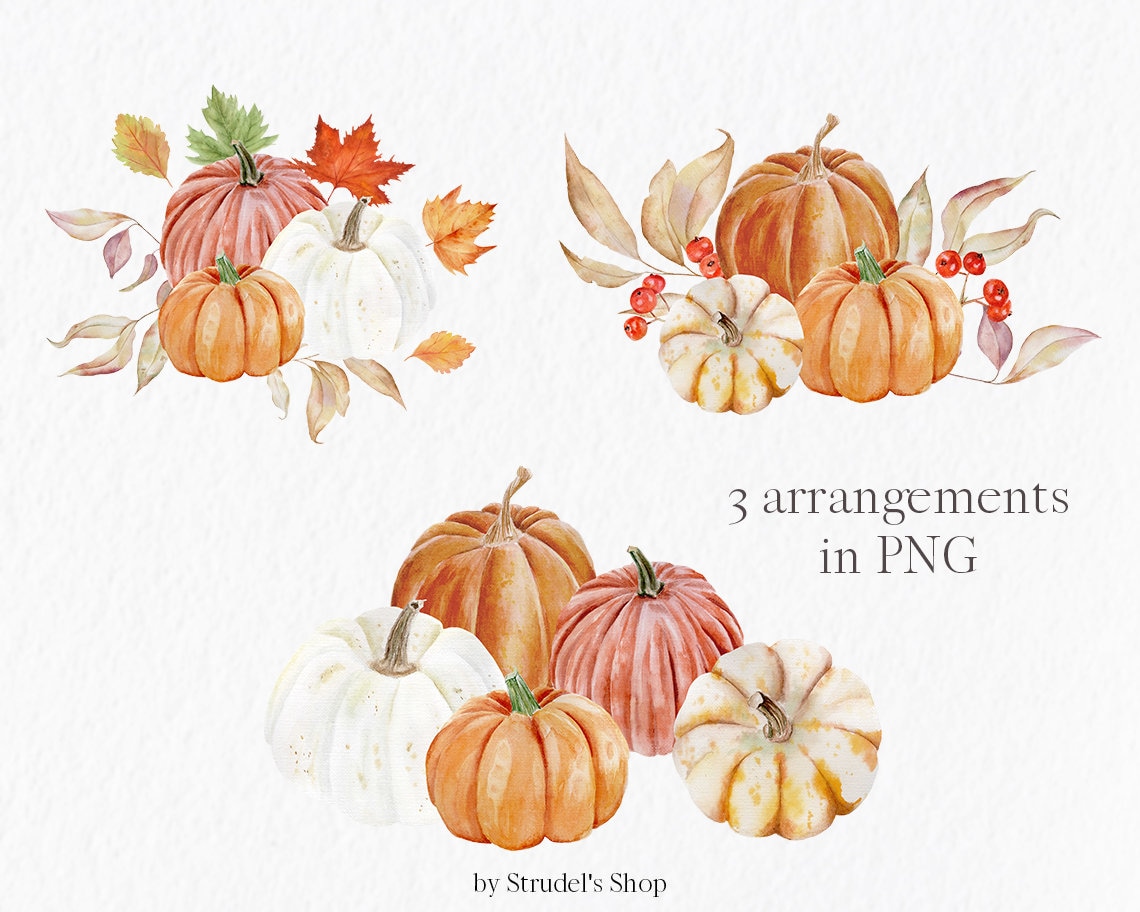 Watercolor Fall Clipart Autumn Clip Art White Orange Pumpkins Fall ...