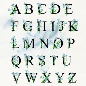 May include: A black alphabet with each letter decorated with blue forget-me-not flowers on a white background.