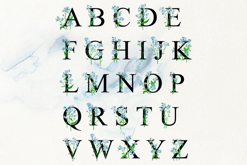 May include: A black alphabet with each letter decorated with blue forget-me-not flowers on a white background.