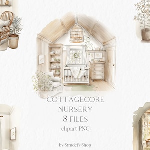 Cottagecore nursery Watercolor Clipart PNG - scene cozy home cottage interior room furniture #b61