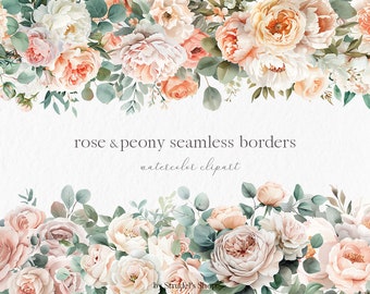 Rose peony seamless border Watercolor Clipart PNG #c105