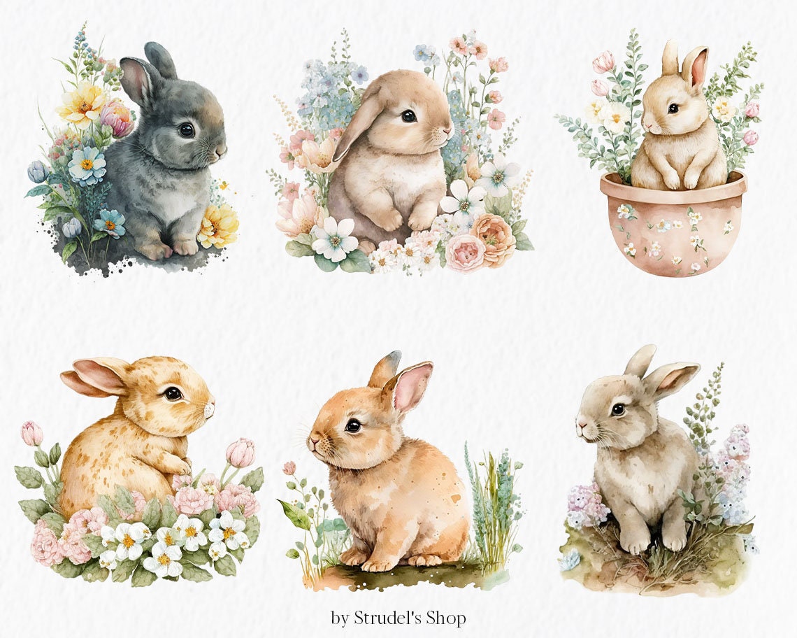 Flower Bunny Watercolor Clipart PNG - Easter Bunny Easter Sublimation ...
