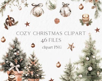 May include: Cozy Christmas clipart set with 46 files. Watercolor illustrations of Christmas trees, baubles, stars, candles, and other winter holiday elements in a brown and green colour scheme.