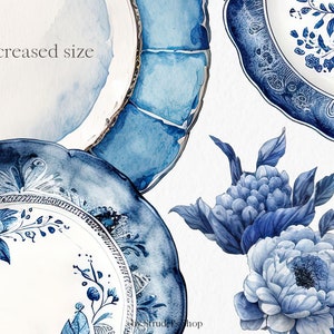 May include: Blue and white watercolor floral design with a blue and white porcelain plate. The plate has a floral pattern and a gold rim. The design is perfect for creating invitations, cards, or other paper crafts.