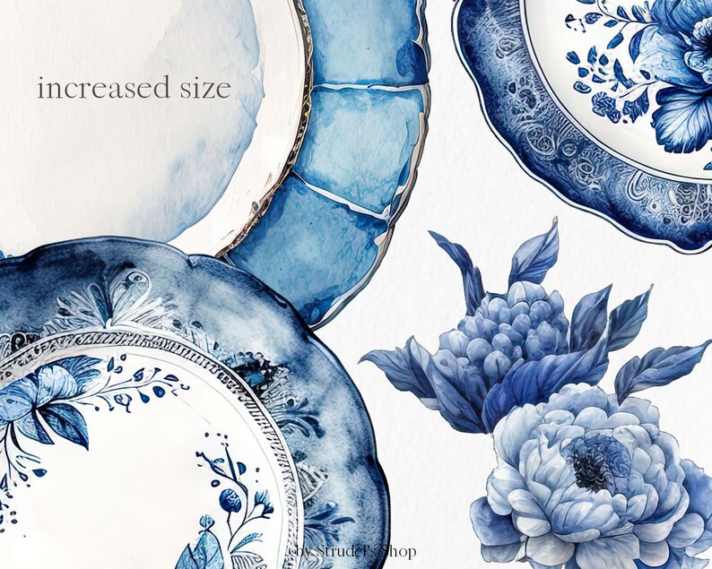 May include: Blue and white watercolor floral design with a blue and white porcelain plate. The plate has a floral pattern and a gold rim. The design is perfect for creating invitations, cards, or other paper crafts.