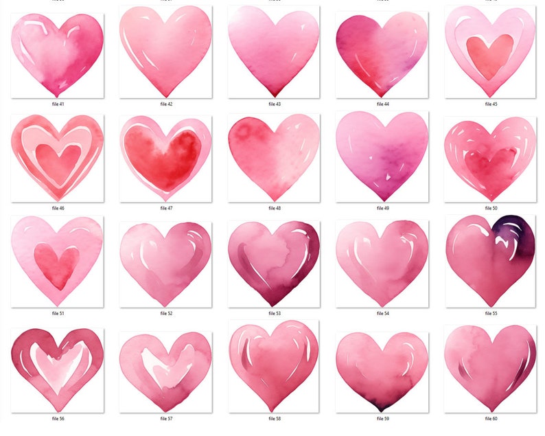 May include: Twenty watercolor hearts in various shades of pink and red. The hearts are painted in a loose, free-flowing style, giving them a romantic and whimsical feel.