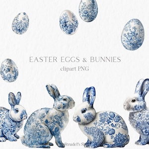 Ostereier und Osterhasen Aquarell Clipart PNG - Ostereier Frühling blau weiß #b49