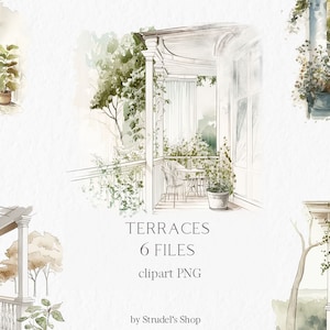 Terrasse aquarelle Clipart PNG - Déco imprimable illustration numérique maison cottage maison confortable vie simple scène cottagecore #b41
