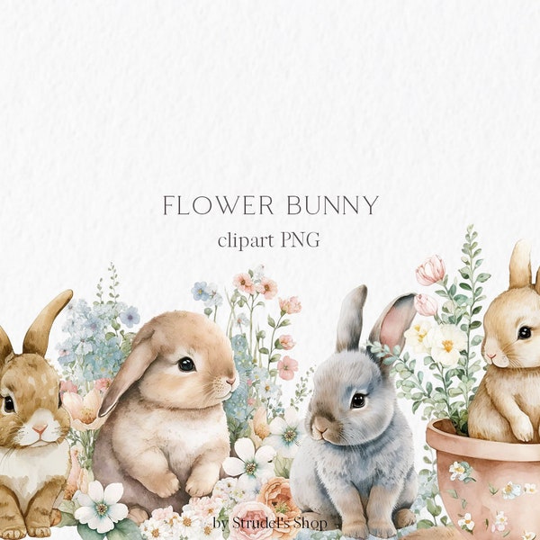 Flower bunny Watercolor Clipart PNG - easter bunny easter sublimation rabbit spring clipart cute animal #b13