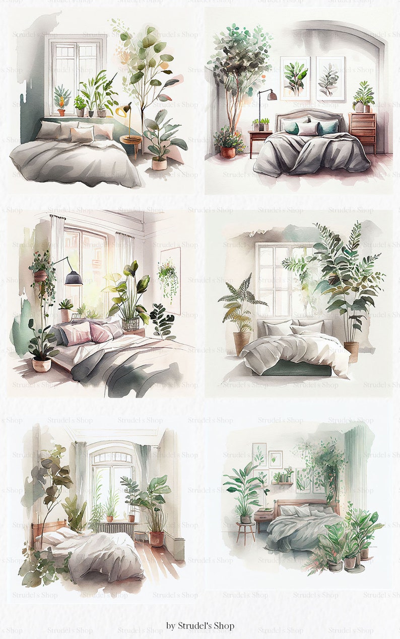 Cozy Bedrooms Watercolor Clipart PNG - Cozy Home Interior Aesthetic ...