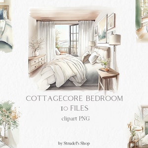 May include: Watercolor illustration of a cottagecore bedroom with a white bed, a wooden nightstand, and a window with a view of a mountain range. The bedroom is decorated with plants, flowers, and a framed print of a mountain scene. The text "Cottagecore Bedroom 10 Files clipart PNG by Strudel's Shop" is written below the image.