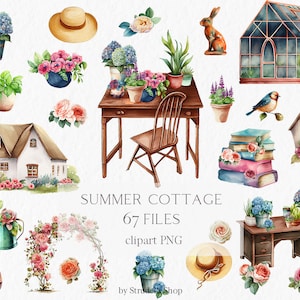 Summer cottage Watercolor Clipart PNG - farmhouse cottagecore garden cozy aesthetic romantic country furniture garden tools #b96