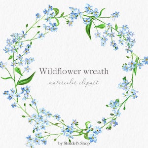 Vergeet me niet krans aquarel clipart PNG uitnodiging clip art frame handgeschilderde blauw groen wilde bloemen bruiloft botanische illustratie #c53