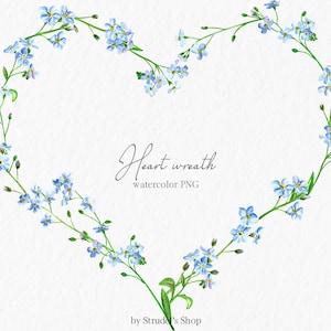 Cadre coeur Saint-Valentin aquarelle clipart PNG floral clip art faire-part de mariage myosotis couronne de fleurs d'été fleurs sauvages #c47