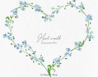 Valentine heart frame watercolor clipart PNG floral clip art wedding invitation forget me not flower summer wreath wildflowers #c47