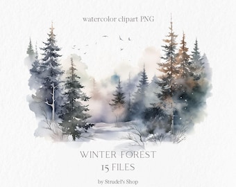 Watercolor winter landscape clipart PNG #b200