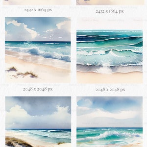 Puede incluir: Pinturas de acuarela de escenas oce&aacute;nicas. Cada imagen representa una playa con arena blanca, agua turquesa y un cielo azul con nubes. Algunas pinturas muestran olas rompiendo en la orilla, otras muestran el mar en calma.