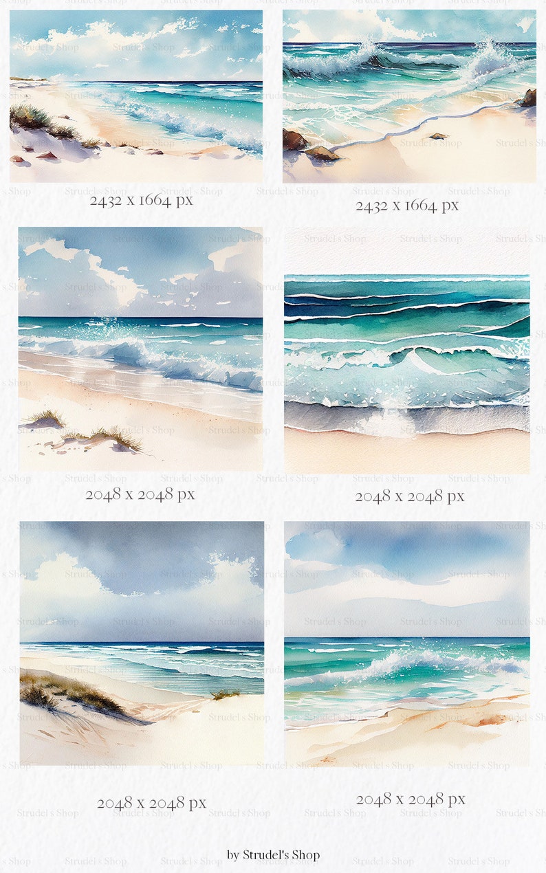 Puede incluir: Pinturas de acuarela de escenas oce&aacute;nicas. Cada imagen representa una playa con arena blanca, agua turquesa y un cielo azul con nubes. Algunas pinturas muestran olas rompiendo en la orilla, otras muestran el mar en calma.