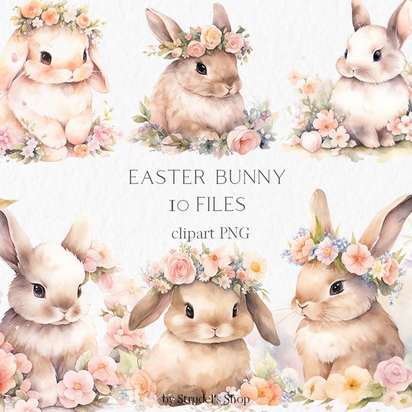 Floral easter bunny clipart - cute easter rabbit watercolor easter cards spring nursery bunny #b120