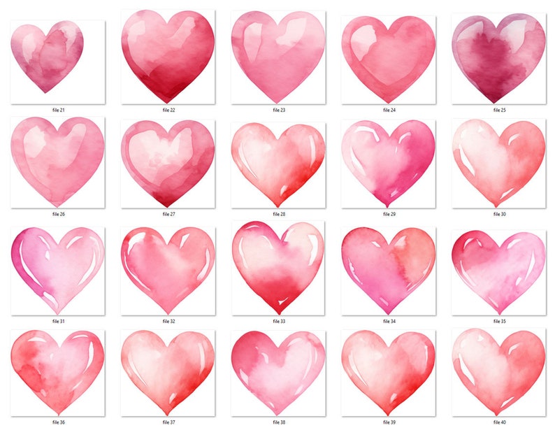 May include: Twenty watercolor hearts in various shades of pink and red. The hearts are painted in a loose, flowing style, giving them a soft, romantic look.