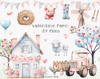 May include: Watercolor illustrations of a Valentine's Day farm scene with a pink tractor, a blue house with pink roses, a pig wearing a red bow tie, a birdhouse with a heart, a windmill, a sheep, a rooster, and a chick. The text "valentine farm 89 files" is written in the center of the image.