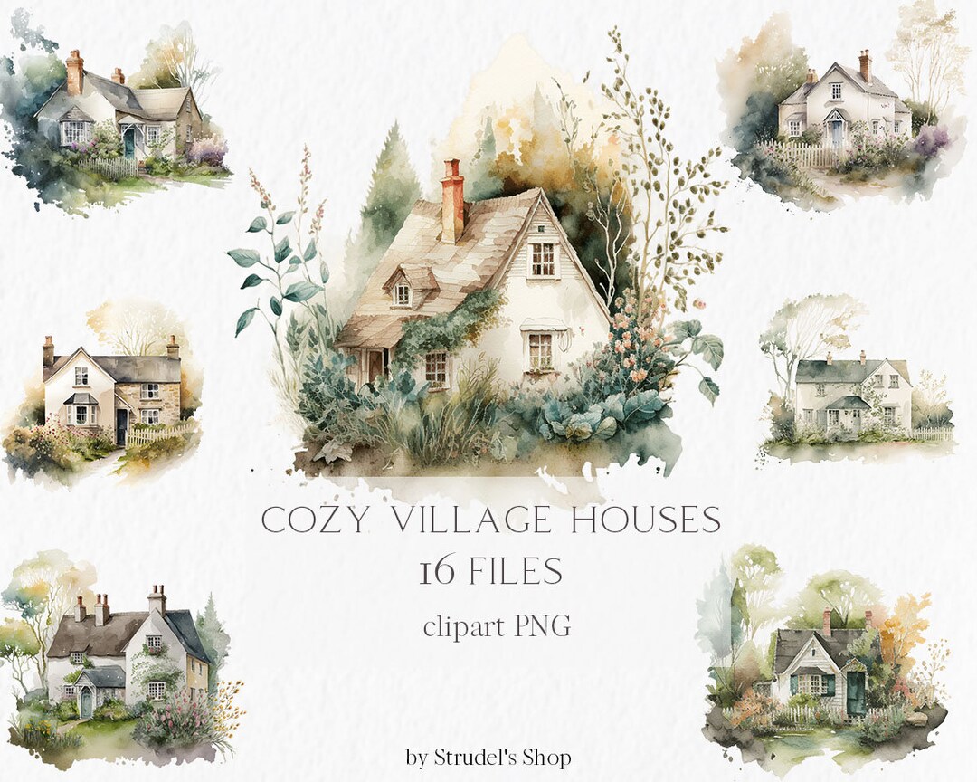 Cozy Village Houses Watercolor Clipart PNG - Cottage Farm Farmhouse ...