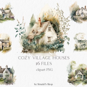 Accoglienti case di villaggio Acquerello Clipart PNG - cottage fattoria fattoria illustrazione paese sublimazione png #b11