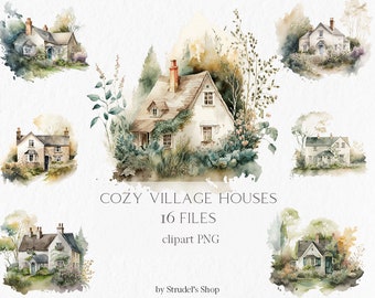 Cozy village houses Watercolor Clipart PNG - cottage farm farmhouse illustration country sublimation png #b11