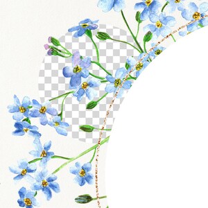 May include: A watercolor illustration of a border of blue forget-me-not flowers with green stems and leaves. The flowers are arranged in a semi-circle shape with a gold glitter line.