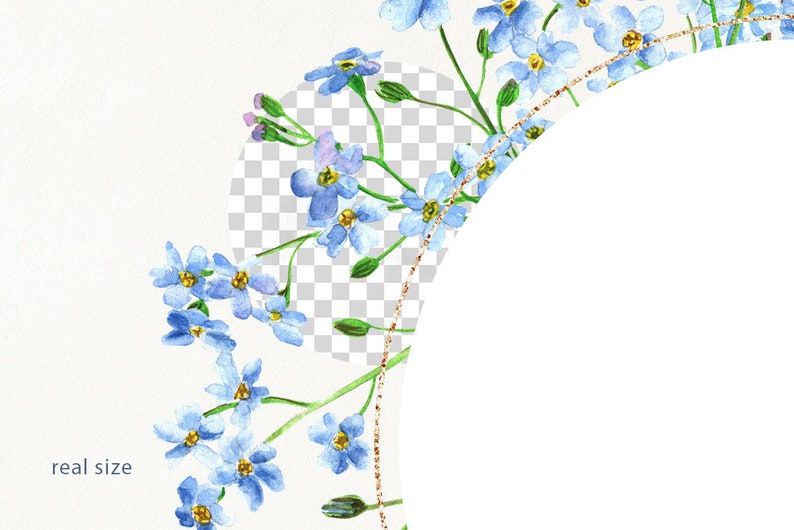 May include: A watercolor illustration of a border of blue forget-me-not flowers with green stems and leaves. The flowers are arranged in a semi-circle shape with a gold glitter line.