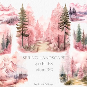 Aquarell Frühling Clipart - Wald Kinderzimmer Berge Landschaft Sommer Hochzeit Wald Camping Valentinstag Clipart #b207