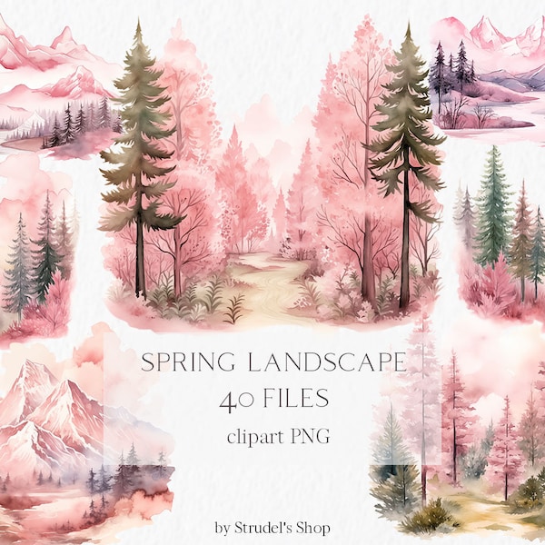 Watercolor spring clipart - woodland nursery mountains landscape summer travel spring pink wedding forest camping valentine clipart #b207