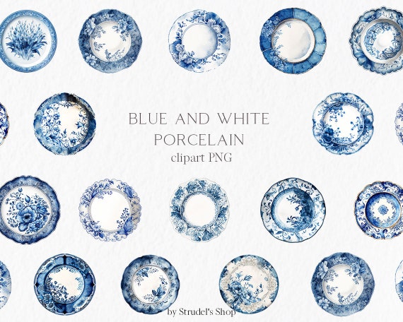 Blue and white porcelain Watercolor Clipart PNG - dutch porcelain sublimation graphic blue flowers wedding vintage plate kitchen #b29