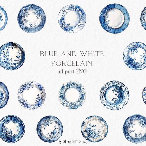 Blue and white porcelain Watercolor Clipart PNG - dutch porcelain sublimation graphic blue flowers wedding vintage plate kitchen #b29